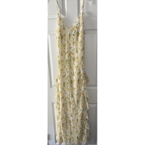 Donna Morgan Blouson Yellow Floral Ruffle Feminine Maxi Dress Spaghetti Strap - Picture 1 of 5